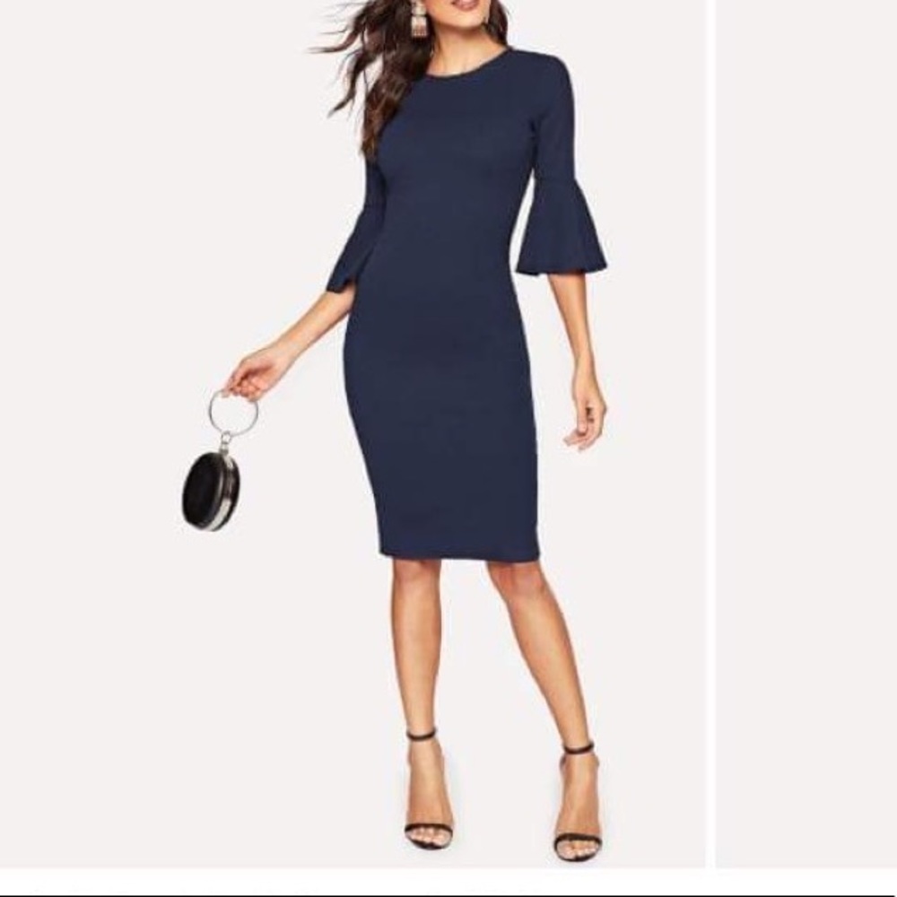 Dark Navy Blue Trumpet Sleeve Dress (Size small/4)